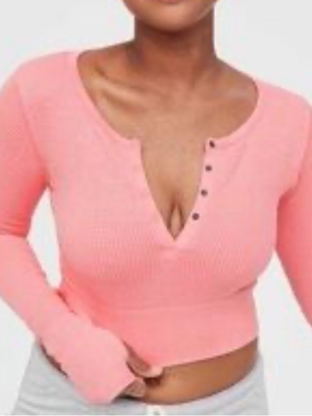 aerie Pink Waffle-Knit Scoop Henley Sweater
